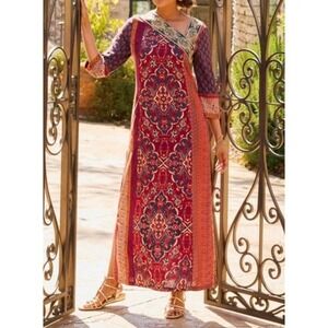 Soft Surroundings Cidra Paisley Maxi Dress Metallic Embroidery Size Large
